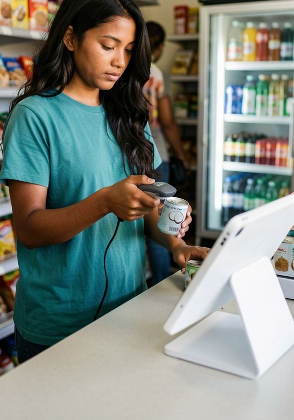 A cashier scans a tin of coconut cream at a mini-mart counter.