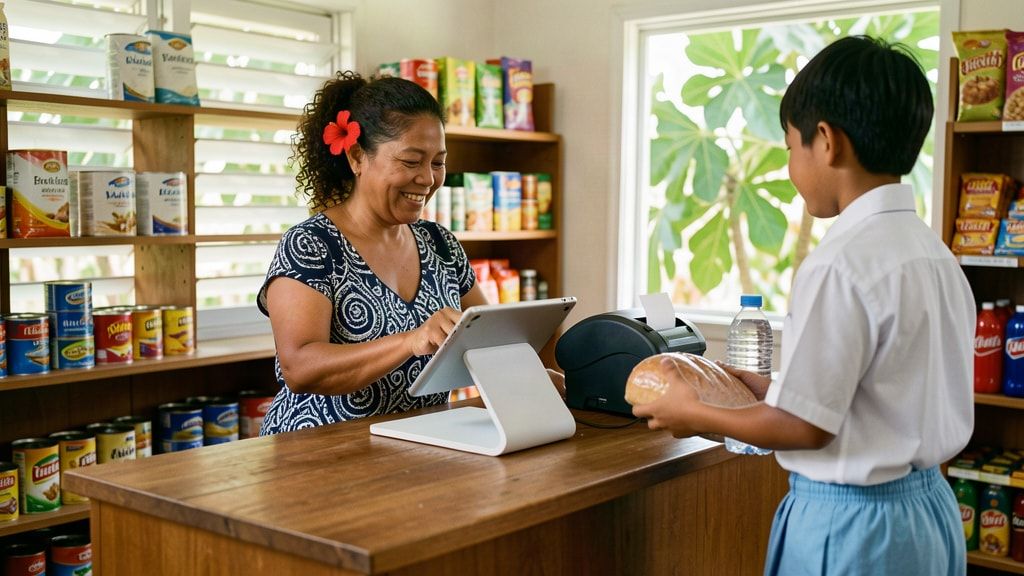 A shop owner smiles as she rings up a schoolboy's bread and water on a tablet till at her corner store in Samoa.