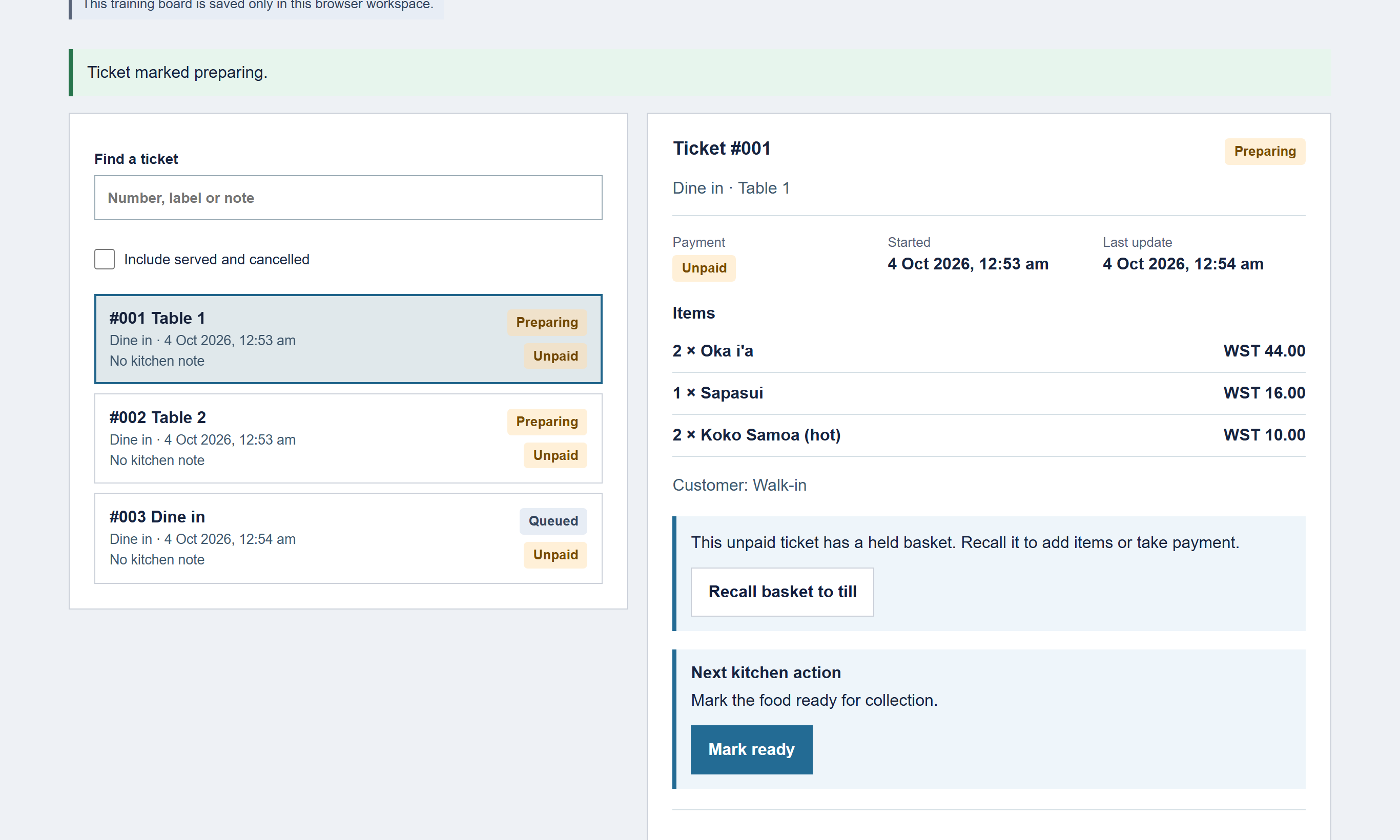 The Connect POS kitchen screen with three tickets. Ticket 001 for Table 1 is Preparing and unpaid, with two oka iʻa, one sapasui and two hot Koko Samoa.
