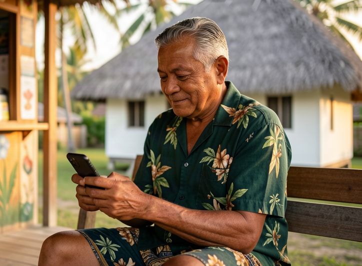 A shop owner sits on the bench outside his family shop at dusk, checking his phone.