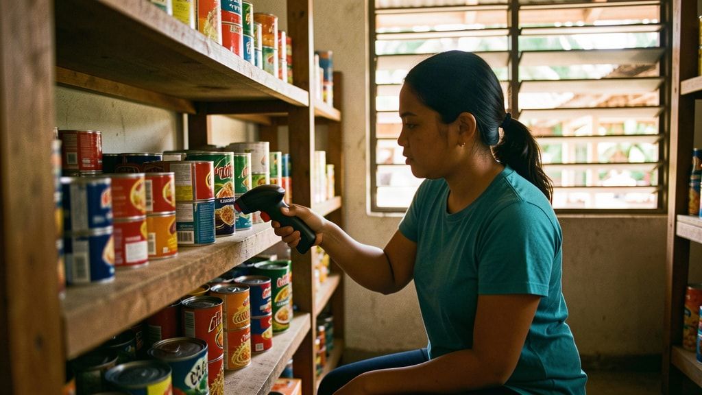 A shop worker scans tins on a stockroom shelf with a handheld barcode scanner.