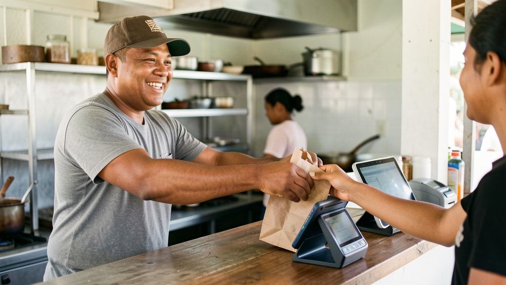 A takeaway owner hands a paper bag of food to a customer across the counter.