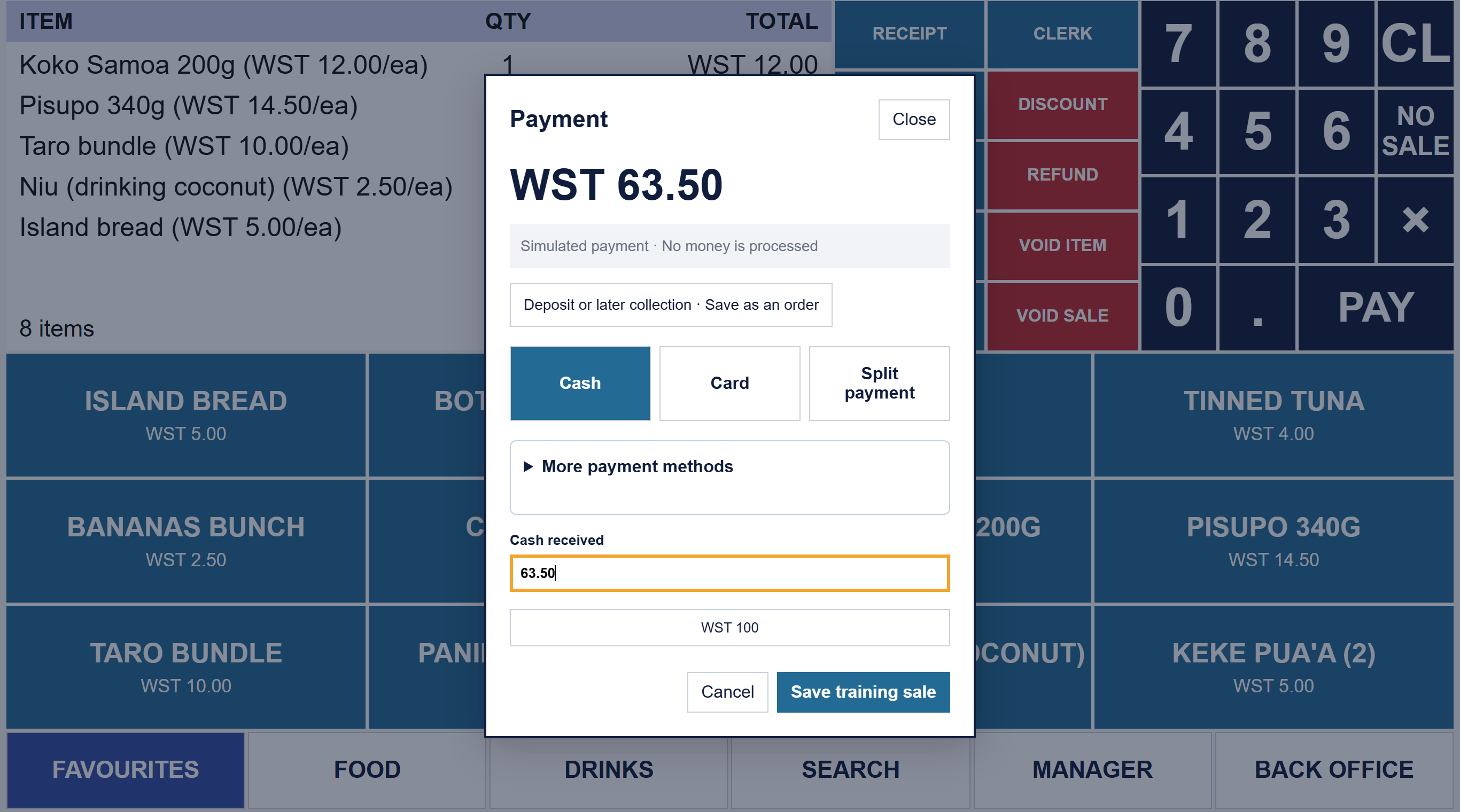 The Connect POS payment window showing WST 63.50 due, with Cash, Card and Split payment choices and a cash received field.